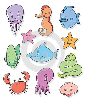 Set of colored cartoon sea life or marine icons