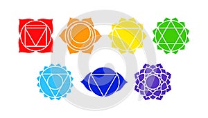 Set of colored Chakra meaning seven meditation wheel used in variety of ancient spiritual practices. Chakras Hinduism