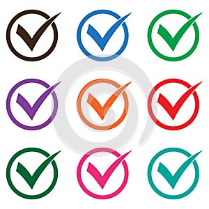 Set of colored check mark icons. Tick symbol, tick icon vector illustration.