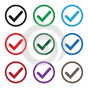 Set of colored check mark icons. Tick symbol, tick icon vector illustration.