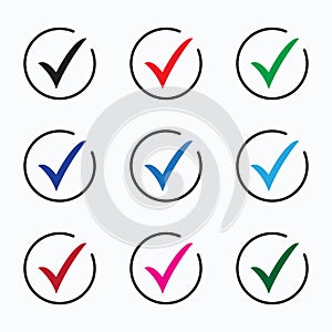 Set of colored check mark icons. Tick symbol, tick icon vector illustration.