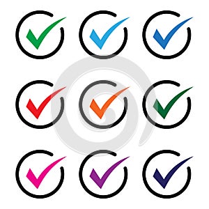 Set of colored check mark icons. Tick symbol, tick icon vector illustration.