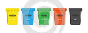 Set of colored containers with the labels for the separate collection of waste. Isolated on white background