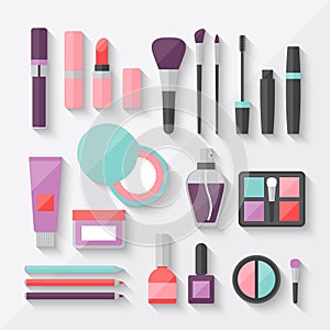 Set of colored cosmetics icons in flat style