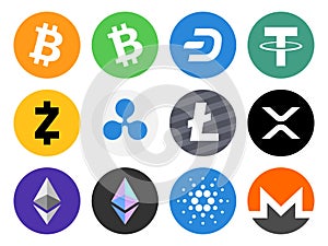 Set of colored cryptocurrency icons collection
