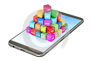 Set of colored cubes with domain names on smartphone, 3D rendering