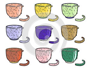 Set of colored cups. Crockery, broken cup. Sketch scratch board imitation.