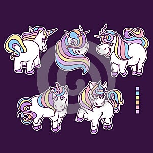 Set of Colored cute unicorns.Sketch illustration of unicorn sticker isolated on dark background. Cute happy character. Vector eps