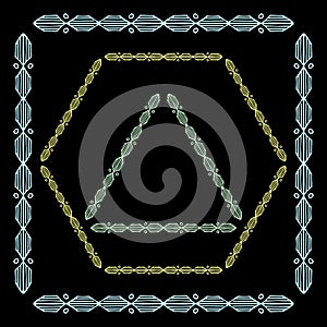 Set of colored decorative ornamental border with corner. Triangular, quadrangular, hexagonal frames. Black background