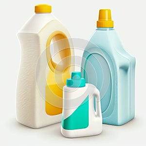 Set colored of detergent plastic bottles with chemical cleaning product on white background