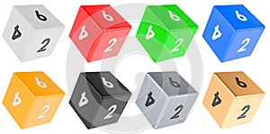 Set of colored die, six sides dice, various colors. 3D rendering