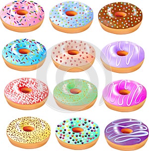 Set of colored donuts with icing and different grit