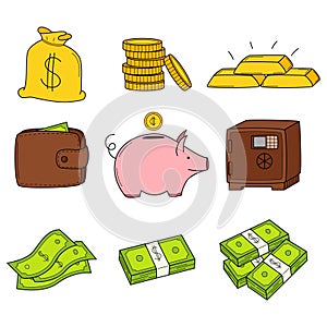 A set of colored doodle icons with money, coins, bills, bundles of banknotes, a piggy bank, cash, a wallet. Business, bank, money