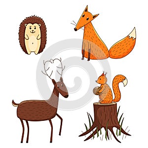 A set of colored doodles. Simple cute forest animals. Fox, deer, hedgehog, squirrel on a stump. Decorative elements with a stroke
