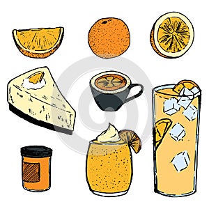 Oranges and dishes from oranges colored illustration: slice of orange, cocktail, smoothie, cheesecake, jam and tea cup. Ink outlin photo