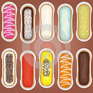 Set of colored eclair cake. Vector illustration