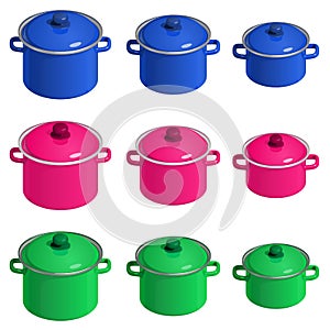 Set of colored enamel pans with lids, different size