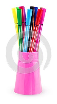 A set of colored felt-tip pens in a pink plastic cup