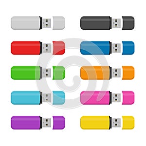 Set colored Flash drive USB memory sticks isolated on white
