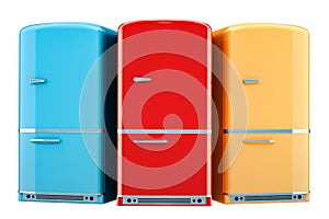 Set of colored fridges, retro design. 3D rendering