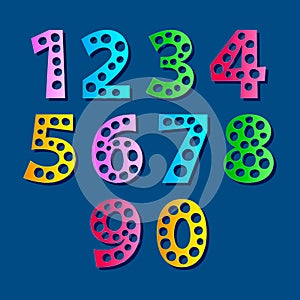 Set of colored funny numbers on a Classic blue background. Paper cut alphabet. Cartoon style