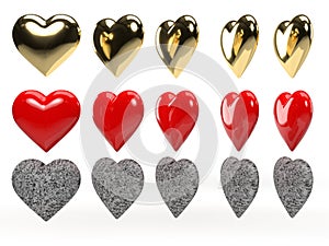 A set of colored gold red stone hearts in different settings