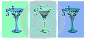 Set Colored Hand Drawn Sketch Cosmopolitan Cocktail Drinks Vector Illustration. Pop Art Style