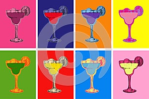 Set of Colored Hand Drawn Sketch Margarita Cocktail Drinks Vector Illustration