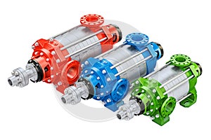 Set of colored horizontal multistage centrifugal pump, 3D render