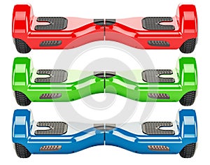 Set of colored hoverboards or self-balancing scooters, 3D render