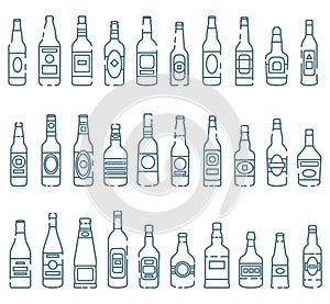 Set of colored icons of alcoholic drinks` bottles. Vector isolated outline illustrations