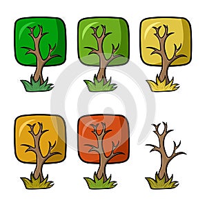 A set of colored icons, an autumn tree with a square crown, vector cartoon