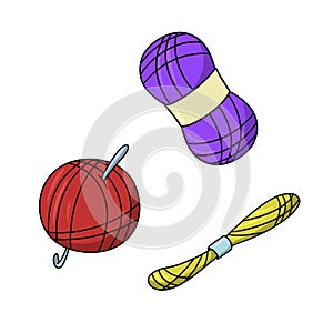 A set of colored icons, a bright red ball of knitting thread with a metal hook, lilac yarn, vector cartoon