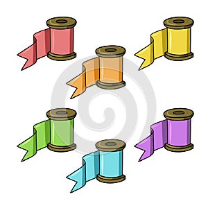 A set of colored icons, a bright silk ribbon wound on a spool, vector cartoon