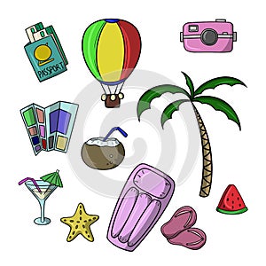 A set of colored icons, leisure equipment, tourist vacation on the beach, vector cartoon