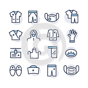 Set of colored icons of medical clothes for doctors, nurse in hospitals, laboratories, emergency room. Vector thin line flat
