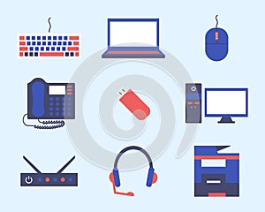 Set of colored Icons Office equipment. Technologies. Keyboard and mouse. Laptop, computer, printer. Router and headset.