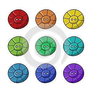 A set of colored icons, a round decorative button for clothes, vector cartoon