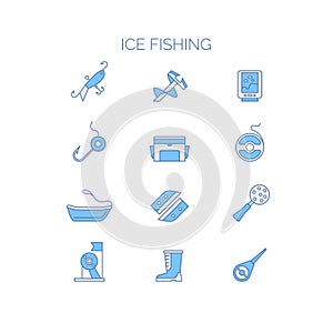 Set of colored icons for summer fishing. Illustration of tools and objects.