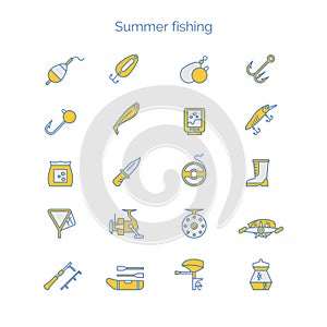 Set of colored icons for summer fishing. Illustration of tools and objects.