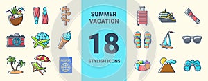 Set of colored icons on the theme of summer holidays.