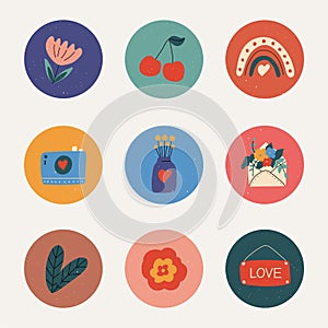 Set of colored icons for valentine's day. Hearts, envelope, bouquet, flowers, rainbow, camera, jar, signboard