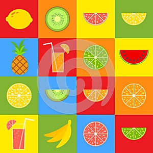 Set of colored isolated mouth-watering fruits on a background of squares. Bright tropical food. Lime, lemon, grapefruit, orange,