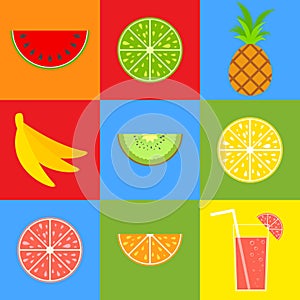 Set of colored isolated mouth-watering fruits. Bright tropical food. Lemon, grapefruit, orange, pineapple, kiwi, banana,