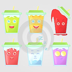 Set of colored juice with emotions. Funny, showing tongue, very angry, in love, sleep, cool glasses, smirk face.
