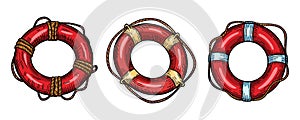 Set of colored lifebuoy with rope isolated sketch. Hand drawn life ring in engraving style collection