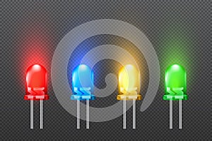 Set of colored light emitting diodes with glowing effect, LED collection