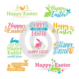 A set of colored logo for Easter. Badges for the spring holiday of Easter. The design of label with a decor of flower