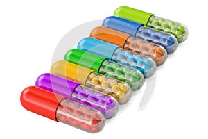 Set of colored medicament capsules, 3D rendering