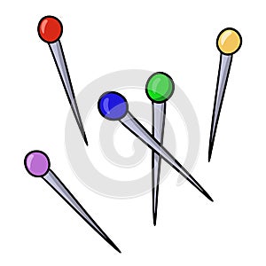 Set of colored metal pins for seamstress, vector cartoon